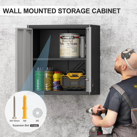 Heavy Duty Wall Mounted Steel Garage Cabinet With Locking Doors And Adjustable Shelves Built To Last Storage For Your Workshop Or Shed Utility Room Black And Gray Finish