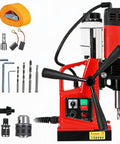 Heavy Duty Portable Magnetic Drill Press Built Tough For Daily Grind 1400 Watt Motor Delivers Serious Punch Plus Six Piece Annular Cutter Set with tools and controls.