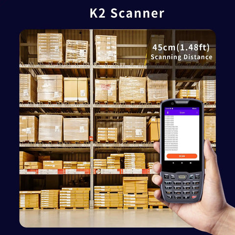 Android 13.0 2D Barcode Scanner PDA Handheld POS Terminal in warehouse setting showing barcode data collection.