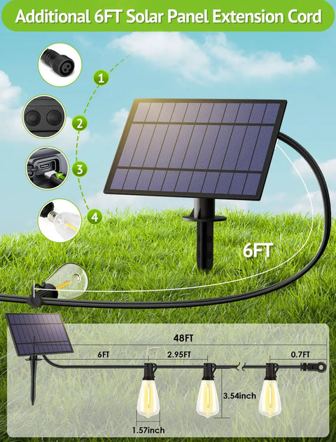 48Ft Solar Powered Outdoor String Lights With Remote Waterproof Dimmable Patio Lighting 15 Plus 1 ST38 Bulbs solar panel.