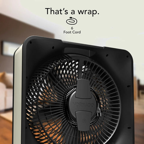 Close-up of High Velocity Box Fan With Kick Stand, Digital Display, Removable Grille, Variable Speed Control, 6-foot cord wrap