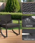Three Piece Patio Rocking Bistro Set With Coffee Table For Garden Balcony Backyard Or Poolside Use, chair close-up with rattan detail