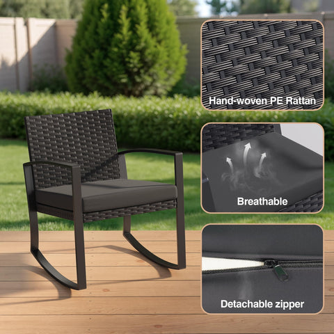 Three Piece Patio Rocking Bistro Set With Coffee Table For Garden Balcony Backyard Or Poolside Use, chair close-up with rattan detail