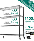 Heavy Duty 4 Tier Metal Storage Shelving Unit With Wheels For Garage Pantry Kitchen Basement Black, 1400 Lbs Total Capacity, 47.2 Inches Wide, 62.7 Inches High, 17.7 Inches Deep, Adjustable Wire Shelves showing load ratings