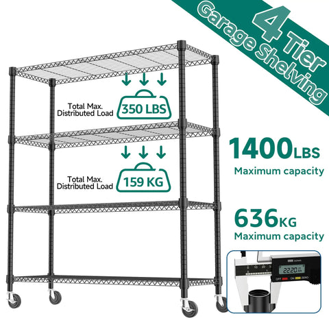 Heavy Duty 4 Tier Metal Storage Shelving Unit With Wheels For Garage Pantry Kitchen Basement Black, 1400 Lbs Total Capacity, 47.2 Inches Wide, 62.7 Inches High, 17.7 Inches Deep, Adjustable Wire Shelves showing load ratings