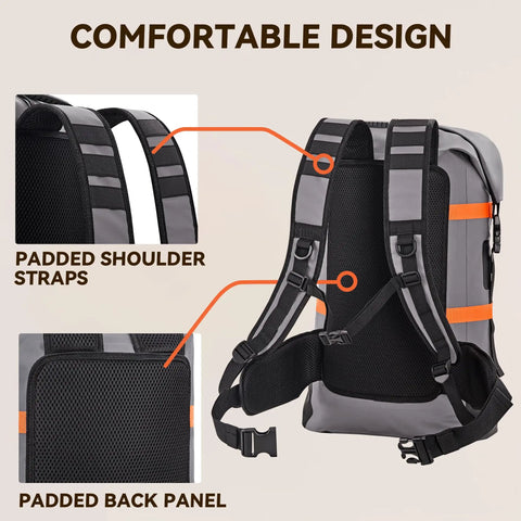 Back view of Waterproof Dry Bag Backpack 40L for Men and Women Roll Top Rugged Heavy Duty with padded shoulder straps and back panel