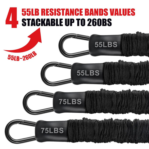 Heavy Duty Pull Up Resistance Bands 260 Lbs for Door Frame Bar Training adjustable length with four bands, two 55 lbs and two 75 lbs.