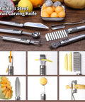 BURLIHOME stainless steel fruit carving knife set (6pc) with melon baller, zester, peeler, crinkle knife, V-shape cutter