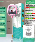 4 In 1 Soil Test Kit With Large Dial Meter For Indoor And Outdoor Growers Track Moisture PH Nutrients And Sunlight No Battery Required Easy Readings For Lawn Farm And Houseplants Baby Pink, showing switch, dial, and packaging.