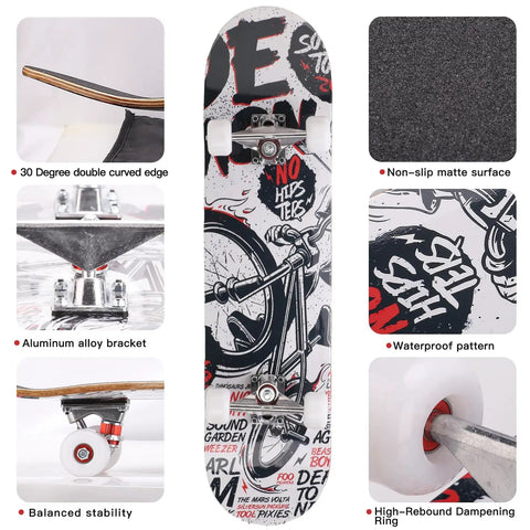 Double Kick 31-Inch Maple Deck Skateboard With ABEC-9 Bearings And 95A PU Wheels, Custom Bat King Graphic, top and side view details