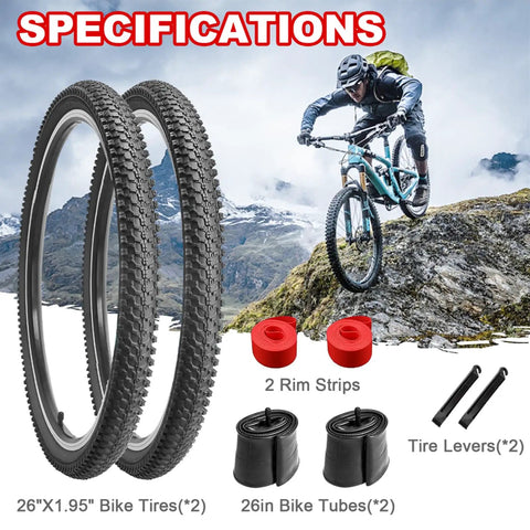 26 Inch Mountain Bike Tire Set 26x1.95 With Schrader Valve Inner Tubes, Includes Tire Levers And Liners, mountain backdrop