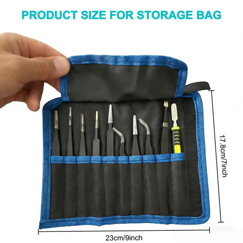 All In One 10 Piece Pro Grade Precision Tweezers Set With Pry Tool, ESD Safe Stainless Steel Kit With Case in open view