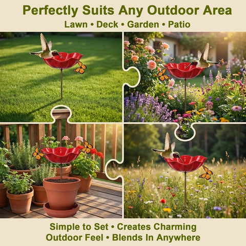 Metal Flower Garden Stake With Bird Bath Bowl Outdoor Pollinator Watering Station For Garden Yard Hummingbird Fountain Butterfly And Bee Water Feeder Decorative Yard Art Gift Set 3 Pack in garden settings