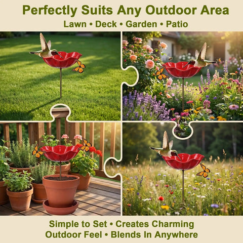 Metal Flower Garden Stake With Bird Bath Bowl For Outdoor Pollinator Watering Station in garden with flowers and birds.