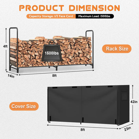 Heavy Duty Outdoor Firewood Rack With Weatherproof Cover Iron Wood Storage Rack for Backyard or Patio Eight Foot Long Firewood Holder diagram