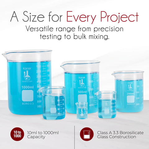 Griffin Low Form 3.3 Borosilicate Glass Beaker Set With Six Sizes From 10 Milliliters To 1000 Milliliters, Type I Class A Lab Beakers.