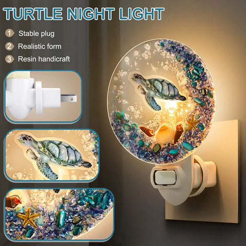 Seashell Night Light Plug In Ocean Vibe Decor With Sea Turtle Ornament showing a glowing turtle design and stable plug connection.