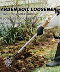 Person using rotary cultivator garden tool with adjustable long handle hand tiller for aerating and planting soil in a garden.