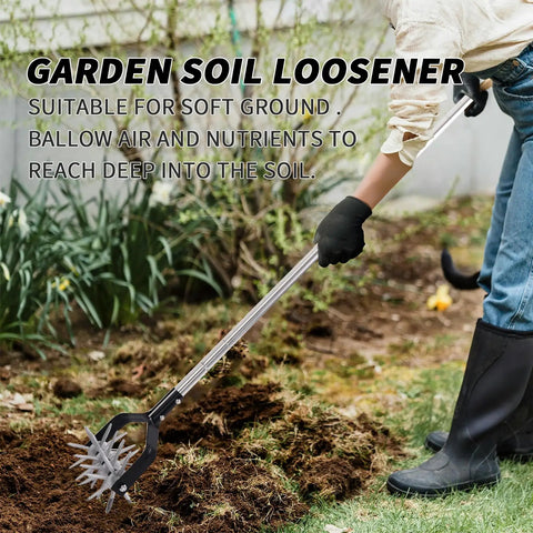 Person using rotary cultivator garden tool with adjustable long handle hand tiller for aerating and planting soil in a garden.