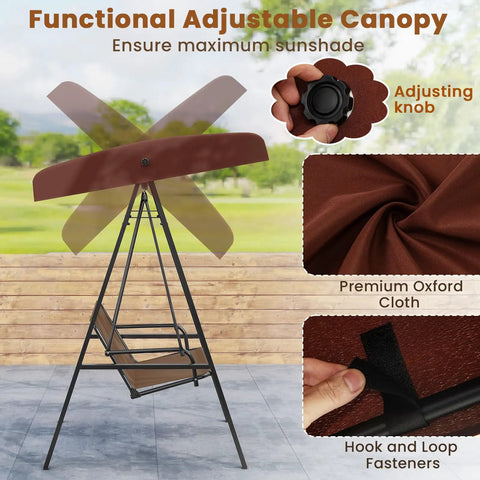 Two Person Patio Porch Swing with Adjustable Canopy showing metal frame and canopy adjustment details