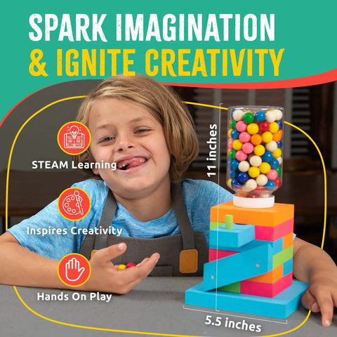 Child playing with Candy Dispenser Woodworking Kit For Kids A Hands On STEM Building Project With FSC Certified Wood Paints And Tools.