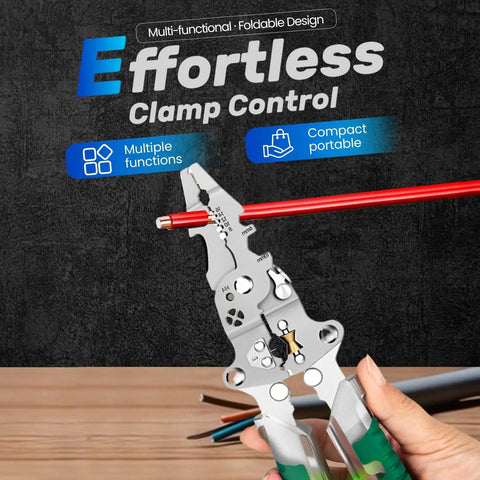 Pro Grade 18 In 1 Folding Wire Stripper Pliers Set With Voltage Detector, shown cutting a red wire, multifunction tool.