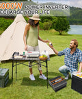 3000W Power Inverter DC 12V to 110V AC for RVs, Semis and Trucks at campsite with people enjoying food and drinks.
