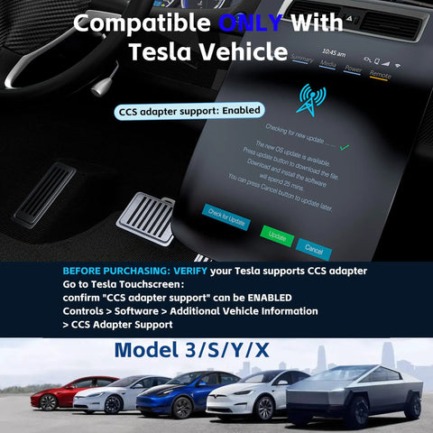 Interior of Tesla with CCS adapter support showing on touchscreen, highlighting compatibility with upgraded Ccs To J1772 Adapter Brings Badass Plug And Play Speed For Tesla Cybertruck And Model 3 Y S X Electric Cars Heavy Duty Build Slays Slow Charging With Snappy High Wattage Power Delivery.
