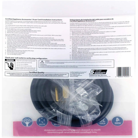 30 Amp Dryer Power Cord 4 Prong With Copper Eyelet Connectors 5 Foot Length Color Coded Wires UL Listed packaging