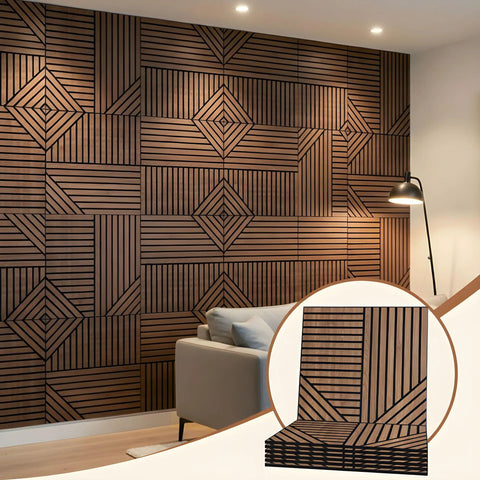 Top Shelf Acoustic Wall Panels Six Pack 24X24 Inch High Density Polyester Sound Dampening Boards in modern living room.