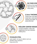 Graphic showing 160mm MTB disc brake rotor with six bolts, 2.3mm thick stainless steel, gray finish, and labeled features.