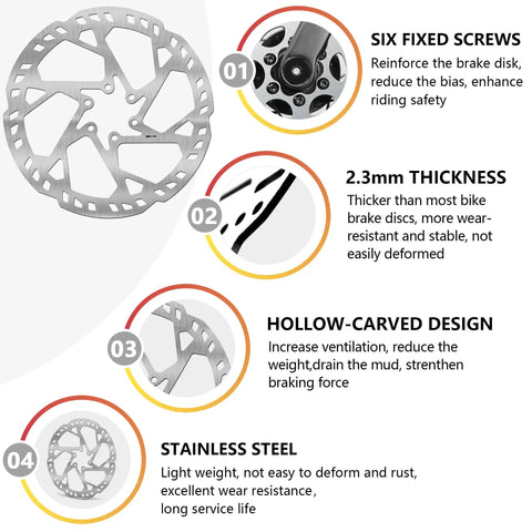 Graphic showing 160mm MTB disc brake rotor with six bolts, 2.3mm thick stainless steel, gray finish, and labeled features.