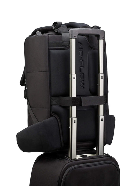 Cineluxe Backpack 21 Fast Access Pro Camera Backpack With Ultra Wide Doctor Bag Opening attached to rolling luggage handle