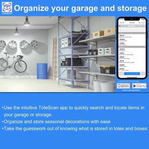 Smart QR Label Set for Go-To Organization Moving and Storage 45 Unique 2.5 by 3 Inch Paper Labels Peel and Stick Perfect for Cardboard Boxes and Tote Bins Scan to Track Your Stuff Fast shown on shelves in organized garage.