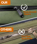 Comparison of sturdy smooth zipper on Sturdy Canvas 16oz Tool Roll Up Bag For Wrenches And Tools vs. rusted zipper on another bag.
