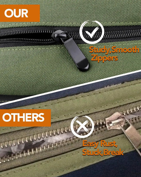 Comparison of sturdy smooth zipper on Sturdy Canvas 16oz Tool Roll Up Bag For Wrenches And Tools vs. rusted zipper on another bag.