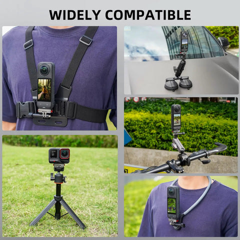 Magnetic Quick Release Base For Insta360 X5 And Ace Pro Series in various setups showing versatility and aluminum alloy construction with mounts.