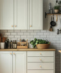 White kitchen cabinets with visible Champagne Bronze Cabinet Knobs Set, 20 Pack Zinc Round Hardware For Kitchen, Bathroom, Closet, and Dresser.