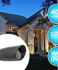 Waterproof Landscape LED Spotlight With Adjustable Directional Beam For Patio Deck Yard Garden Pathway And Pool Area Black MR16 Bulb Included Six Pack Outdoor Security Lighting in front of illuminated house at night