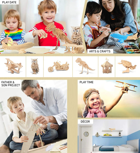 Children and adults enjoying 747 Jet Plane 3D Wood Puzzle Kit Build Paint And Display Your DIY Airplane Model, Fun Educational Craft Hobby For Kids And Teens, Unfinished Aircraft Puzzle To Assemble And Decorate, 33pcs Pack