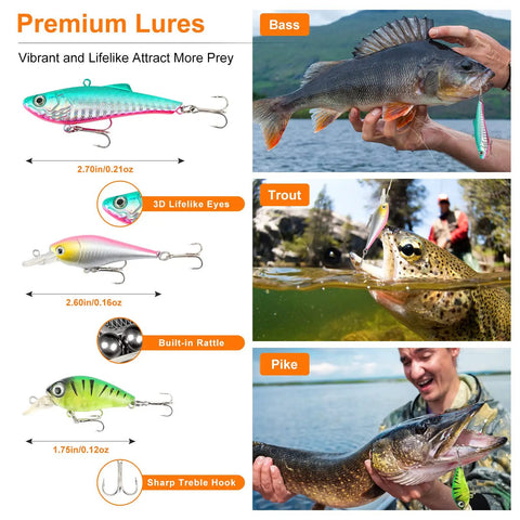 Beginner Friendly Freshwater Fishing Lure Kit With Tackle Box And Accessories Including Crankbaits, Spoons, Hooks, And Gear To Catch Trout, Bass, Panfish And More, featuring colorful lures and successful catches of bass, trout, and pike.
