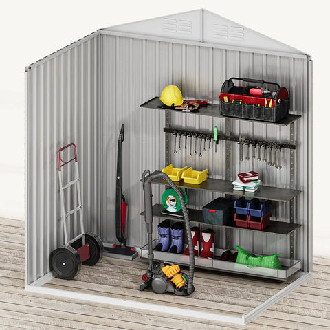 Interior view of 6x4 Ft Outdoor Storage Shed Lockable Metal Tool Shed Waterproof Garden Shed With Vents showing organized tools and equipment.
