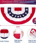 All American Patriotic Bunting Banner Pack With A 4 Pack Of Red White And Blue Half Fan Flags For Fourth Of July Memorial Day And 250th Anniversary Celebrations Festive Indoor And Outdoor Decor showing product size, thickness, material, and grommets