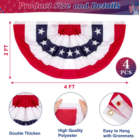 All American Patriotic Bunting Banner Pack With A 4 Pack Of Red White And Blue Half Fan Flags For Fourth Of July Memorial Day And 250th Anniversary Celebrations Festive Indoor And Outdoor Decor showing product size, thickness, material, and grommets