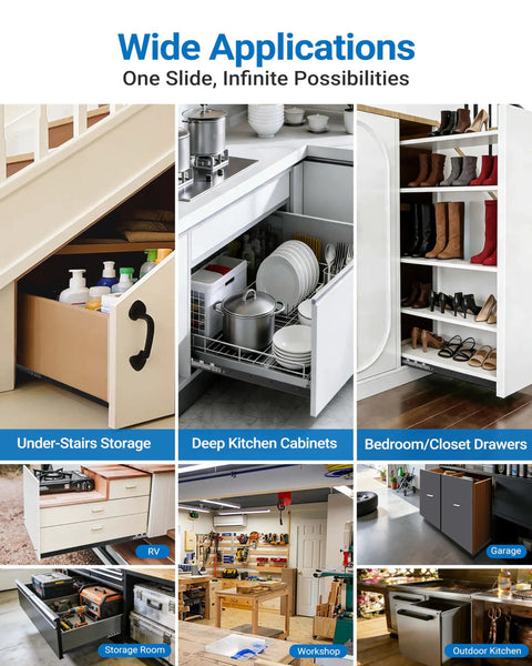 Heavy Duty Under Stair Drawer Slides Full Extension Bottom Mount Rails for cabinets and storage applications in multiple rooms.