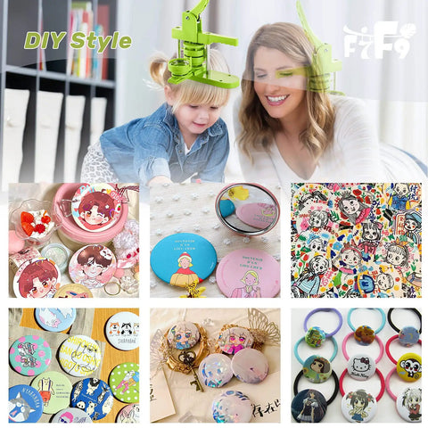 DIY Button Badge Maker Kit 3 In 1 Press With 1 Inch, 1.25 Inch, And 2.25 Inch Molds shown with multiple custom badges