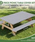 Picnic Table Cover Set With Bench Covers And Drawstring Bag Waterproof And Windproof Fitted Camping Tablecloths With Elastic Edges For A No Fuss Snug Fit On Rectangle Tables And Seats 72x30 Inches 3 Piece Set showing table and bench covers outdoors