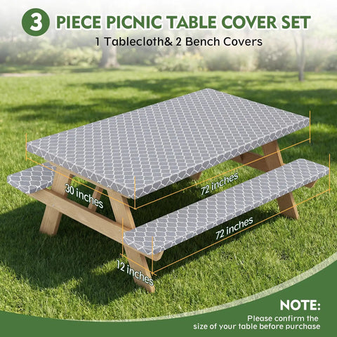Picnic Table Cover Set With Bench Covers And Drawstring Bag Waterproof And Windproof Fitted Camping Tablecloths With Elastic Edges For A No Fuss Snug Fit On Rectangle Tables And Seats 72x30 Inches 3 Piece Set showing table and bench covers outdoors