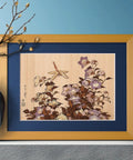 Ukiyoe Art Kit Dragonfly And Bellflower Inspired By Hokusai Made In Japan displayed on a shelf with frame and decorative vase