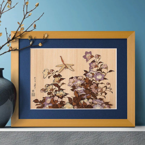 Ukiyoe Art Kit Dragonfly And Bellflower Inspired By Hokusai Made In Japan displayed on a shelf with frame and decorative vase